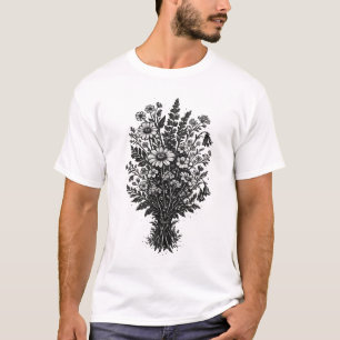 Camiseta Arte floral botânica linocut de flores silvestres