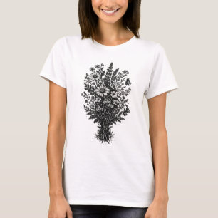Camiseta Arte floral botânica linocut de flores silvestres