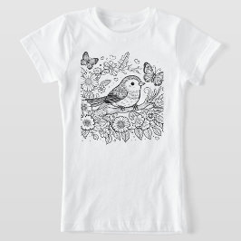 Camiseta Arte Floral Caprichosa de Pássaros e Borboletas