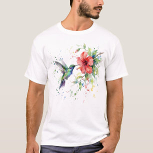 Camiseta Arte Floral Colorida de Beija-flor em Aquarela da