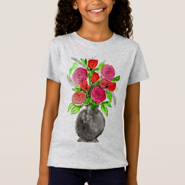 Camiseta Arte Floral com Abstrato de Aquarela Pintada À Mão (Frente)
