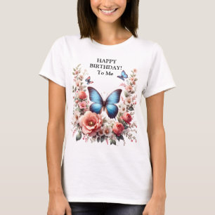 Camiseta Arte Floral de Borboleta Azul Personalizável-96279