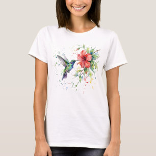 Camiseta Arte Floral em Aquarela de Beija-flor Colorido da