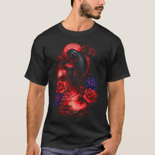 Camiseta Arte Floral Lua Vermelha Peixe Koi Japonês