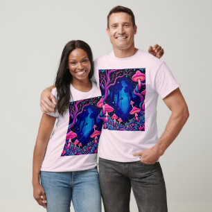 Camiseta Arte Floresta de Cogumelo Rosa Neon