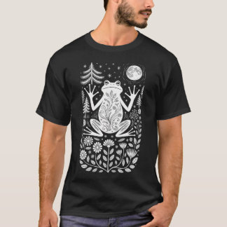 Camiseta Arte Florestal da Lua de Rã Mística Linoleogravura