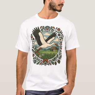 Camiseta Arte Folclórica Polonesa da Cegonha no Campo