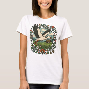 Camiseta Arte Folclórica Polonesa da Cegonha no Campo