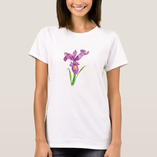 Camiseta Arte Foral Botânica Roxa Iris (Frente)