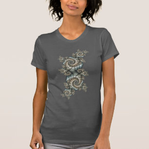 Camiseta Arte fractal azul claro bege abstrato espirais