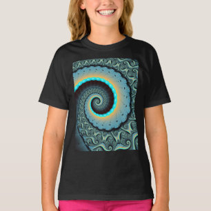 Camiseta Arte Fractal Espiral Azul Turquesa Abstrato Laranj