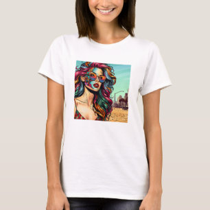 Camiseta Arte Fracturada   Mulher Abstrata na Praia