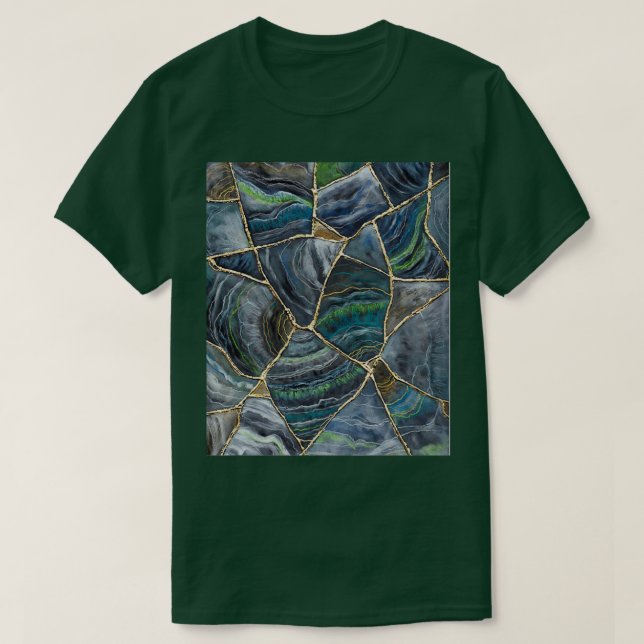 Camiseta Arte Geográfica Padrão de Agato Verde Azul Kintsug (Frente do Design)