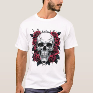 Camiseta Arte Gótica do Crânio e Rosas Esqueleto Floral N