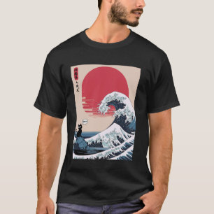 Camiseta Arte Japonês Gato Preto Dizendo Bruh Ondas Gatos M