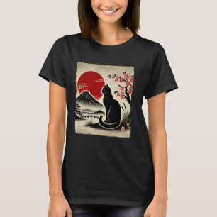 Camiseta Arte Japonês Gato Preto Monte Fuji Flores de Cerej