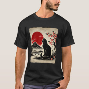 Camiseta Arte Japonês Gato Preto Monte Fuji Flores de Cerej