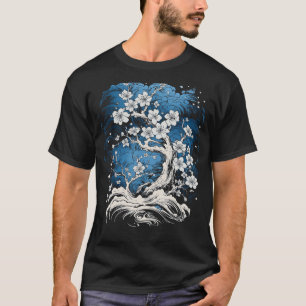 Camiseta Arte Japonesa Cereja Flor Árvore Onda Homens