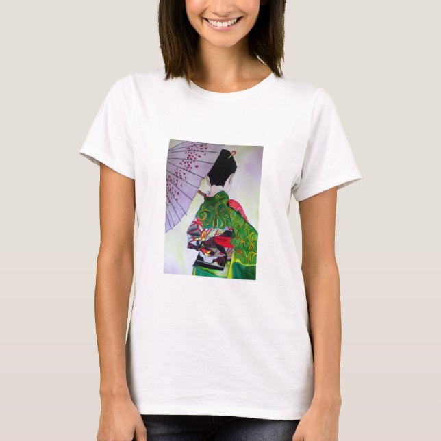 Camiseta Arte japonesa da gueixa com quimono e guarda-chuva (Frente)