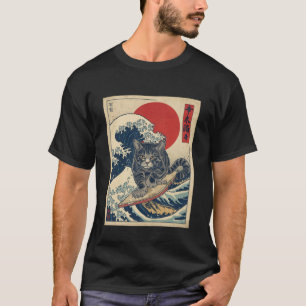 Camiseta Arte Japonesa de Gato Surfando Presente Divertido