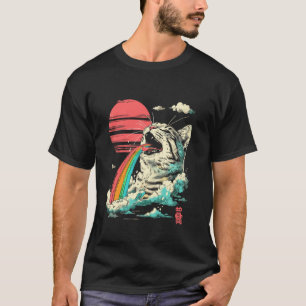 Camiseta Arte Japonesa de Monstro Kaiju Lendário Gato Chuva