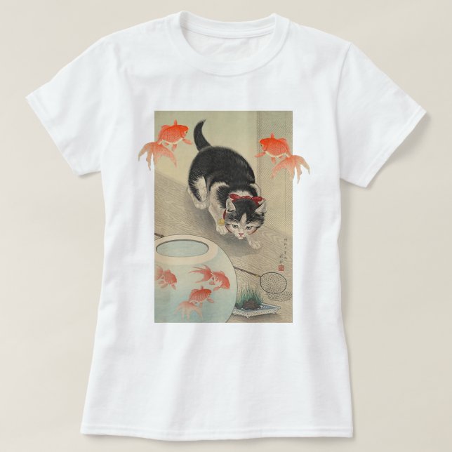 Camiseta Arte japonesa do gato e do peixe dourado do (Frente do Design)