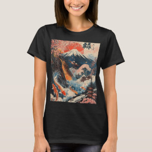 Camiseta Arte Japonesa Flor de Cerejeira Koi Peixe Monte Fu
