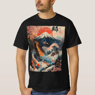 Camiseta Arte Japonesa Flor de Cerejeira Koi Peixe Monte Fu
