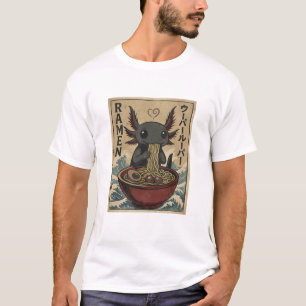 Camiseta Arte Japonesa Retro de Macarrão Ramen Axolote Ador