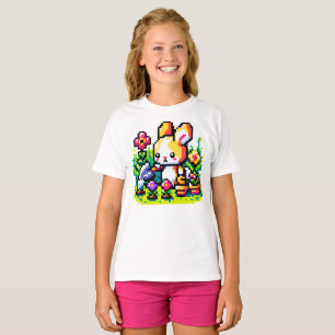 Camiseta Arte Jardineira Pixelada Vibrante do Coelho Retro
