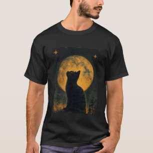 Camiseta Arte Legal Gráfico Gato Preto com Lua