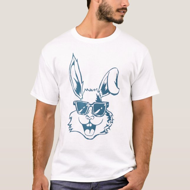 Camiseta Arte Linear de Coelho com Óculos de Sol Azuis (Frente)