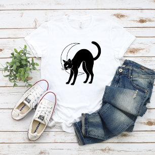 Camiseta Arte Linear de Gato Preto e Lua Crescente