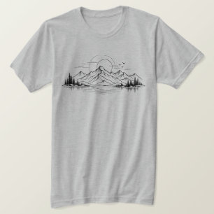 Camiseta Arte Linear Minimalista de Lago de Montanha na Nat