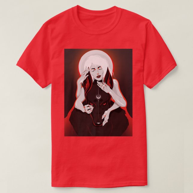 Camiseta Arte mágica de uma Rainha Branca Lua e Lobo Noturn (Frente do Design)