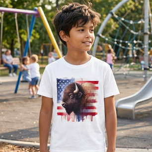 Camiseta Arte Magnífica de Bisonte Americano e Bandeira Pat