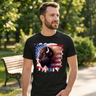 Camiseta Arte Magnífica de Bisonte Americano e Bandeira Pat