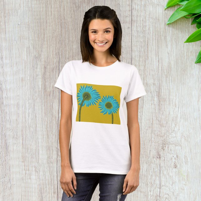 Camiseta Arte Margarida Azul Negrito em Fundo Amarelo de Mo (Criador carregado)