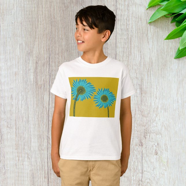 Camiseta Arte Margarida Azul Negrito em Fundo Amarelo de Mo (Criador carregado)