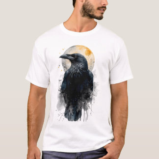 Camiseta Arte Mística de Aguarela de Corvo | Lua Gótica Cor
