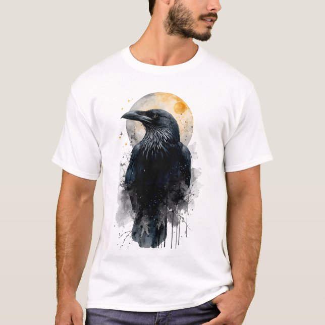 Camiseta Arte Mística de Aguarela de Corvo | Lua Gótica Cor (Frente)