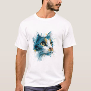 Camiseta Arte Moderna Rosto de Gato em Aquarela Azul Lumino