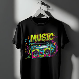 Camiseta Arte Musical Retro Neon Boombox - Grafite dos Anos
