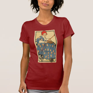 Camiseta Arte Nouveau - menina que faz malha com seu gato