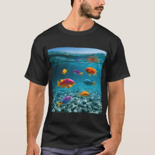 Camiseta Arte Oceânica de Peixes Tropicais Coloridos