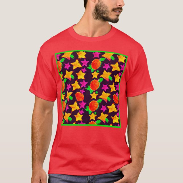 Camiseta Arte Padrão de Estrelas Coloridas Dinâmicas (Frente)