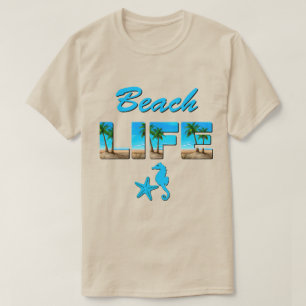 Camiseta Arte Palavra da Vida na Praia com Areia e Palmeira