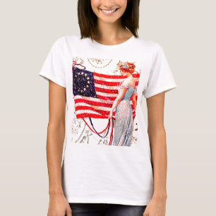 Camiseta Arte patriótica do cartão do vintage da senhora 