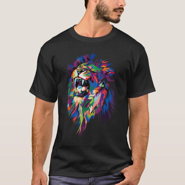 Camiseta Arte Pop Arco Arco-Íris Geométrico, Cute-Leão (Frente)