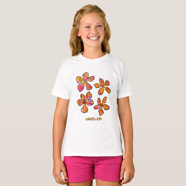 Camiseta Arte Pop Floral Rosa Personalizada (Frente Completa)
